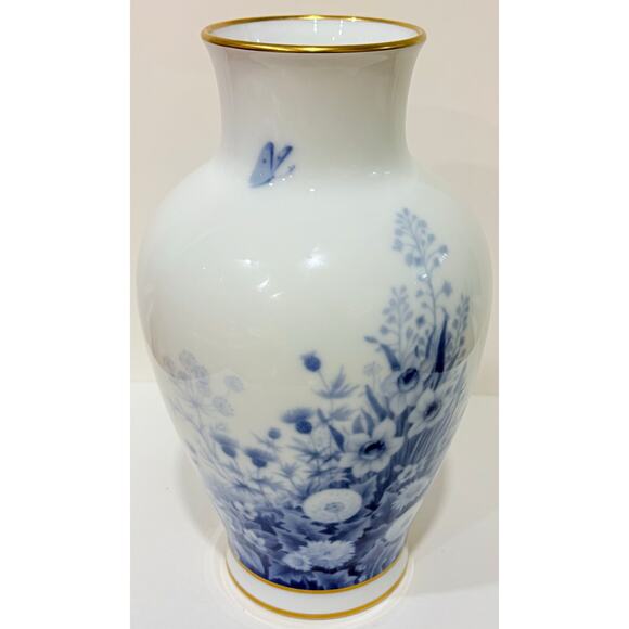 VTG OKURA Toen Vase -Rare Design: Blue Flowers & Butterflies, Gold Trim - Picture 1 of 8